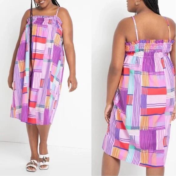 Eloqui Shift Dress Smocked Bodice Empire Gathered‎ Color Block Midi plus size 26 - Picture 1 of 16
